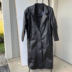 Vintage Pelle Black Leather Coat, Medium, 80s Oversized Longline Jacket
